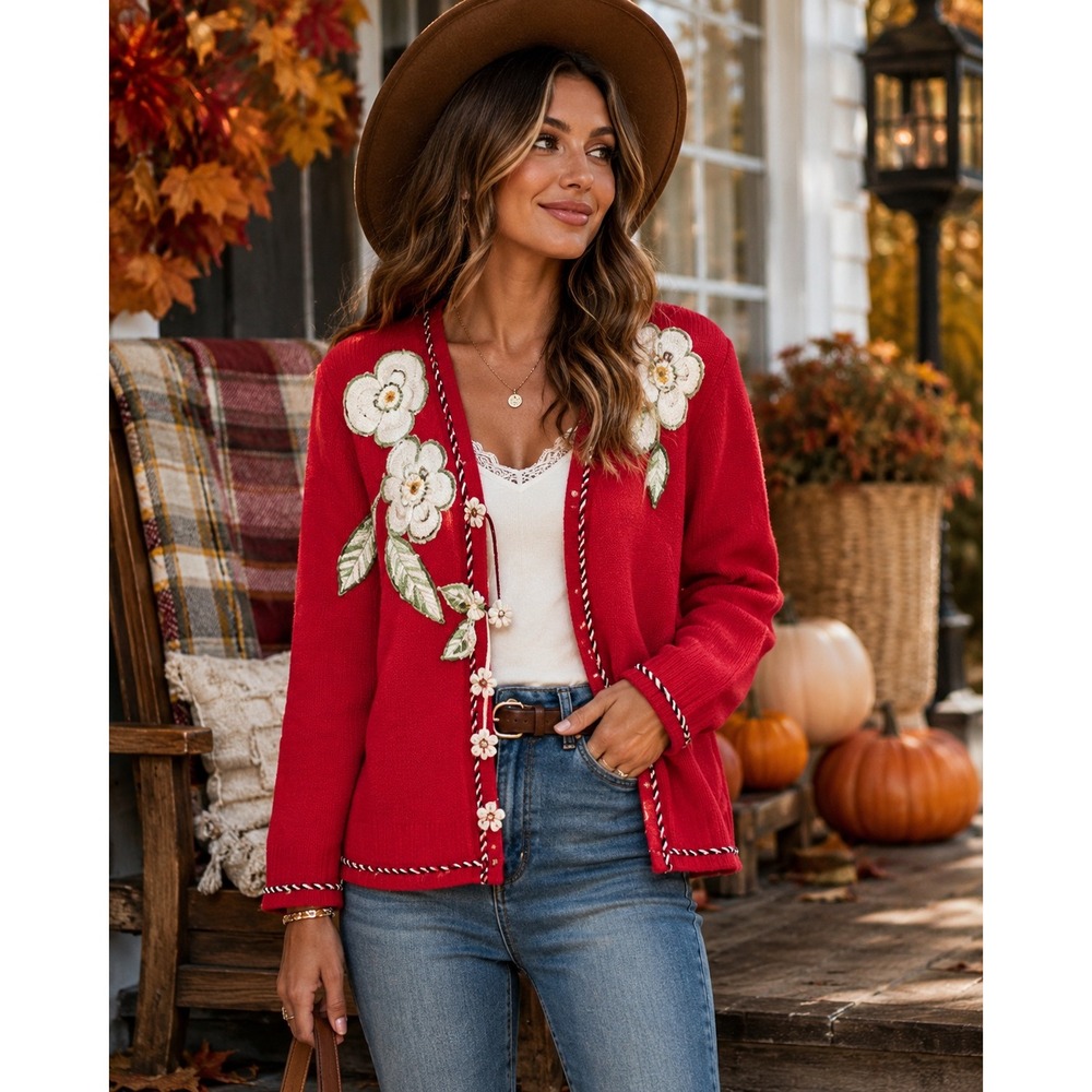 Vintage Storybook Knits Red Floral Cardigan Small Cottagecore Wearable Art HSN
